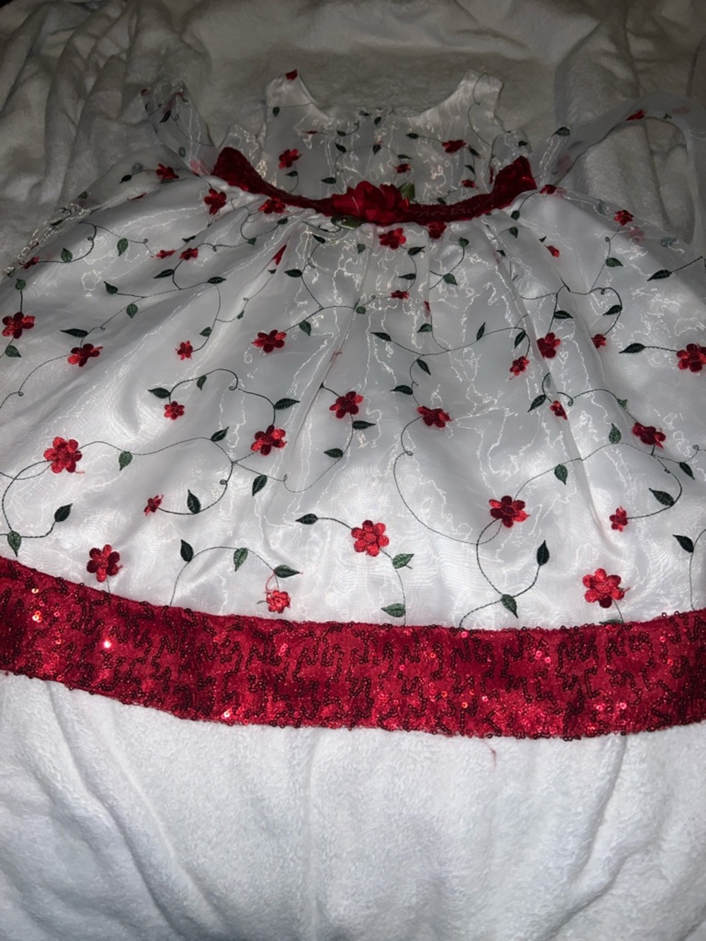 White Floral Embroidered Party Dress with Red Sequin Trim